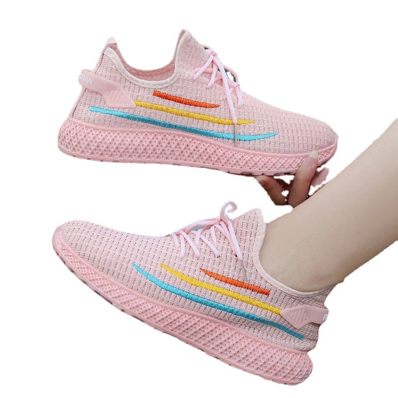 Wholesale of foreign trade Women's shoes in spring and summer Women's casual sports shoes Floor stall Fashion stripe flying woven shoes New Korean version tennis shoes