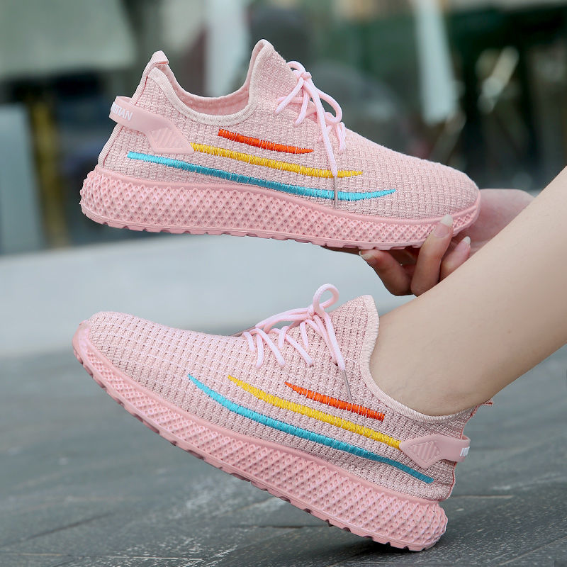 Wholesale of foreign trade Women's shoes in spring and summer Women's casual sports shoes Floor stall Fashion stripe flying woven shoes New Korean version tennis shoes