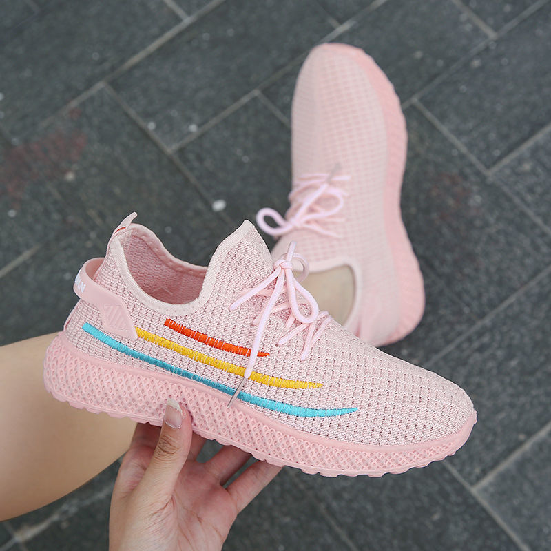 Wholesale of foreign trade Women's shoes in spring and summer Women's casual sports shoes Floor stall Fashion stripe flying woven shoes New Korean version tennis shoes